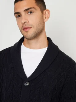 Threadbare Navy Cable Knit Shawl Collar Cardigan With Wool