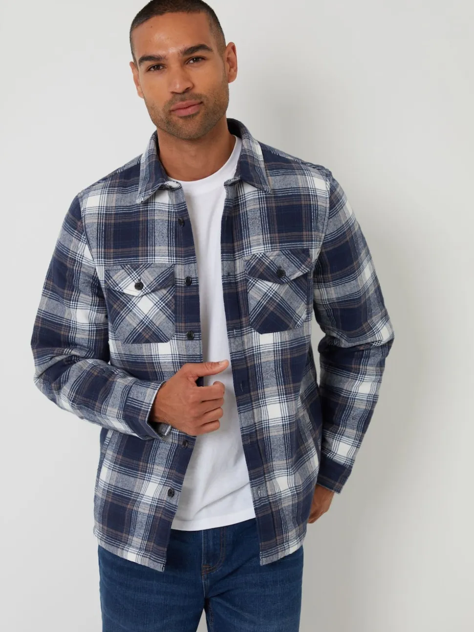 Threadbare Navy Check Brushed Borg Lined Shacket