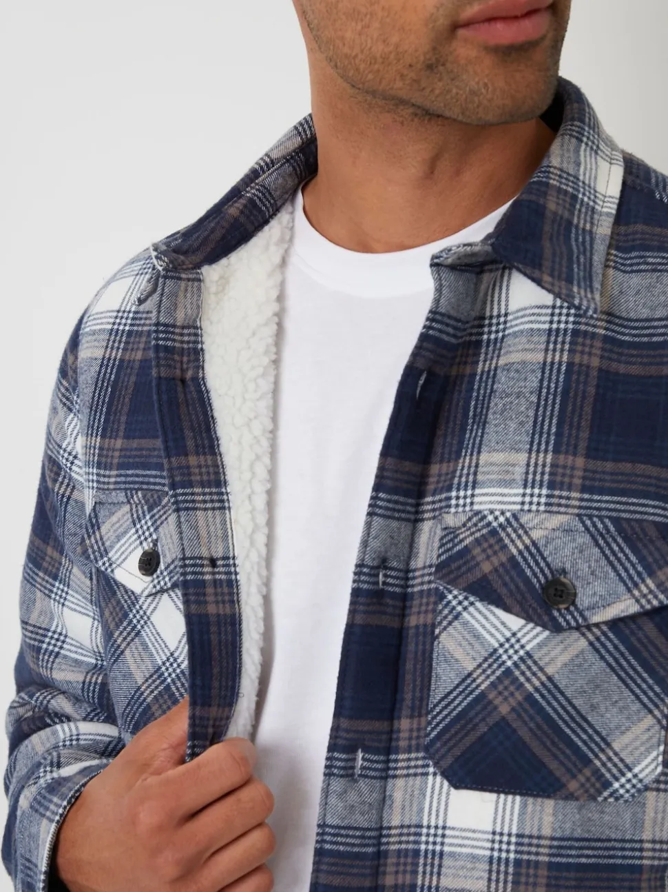 Threadbare Navy Check Brushed Borg Lined Shacket