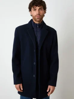 Threadbare Navy Faux Wool Mock Layer Longline Trench Coat