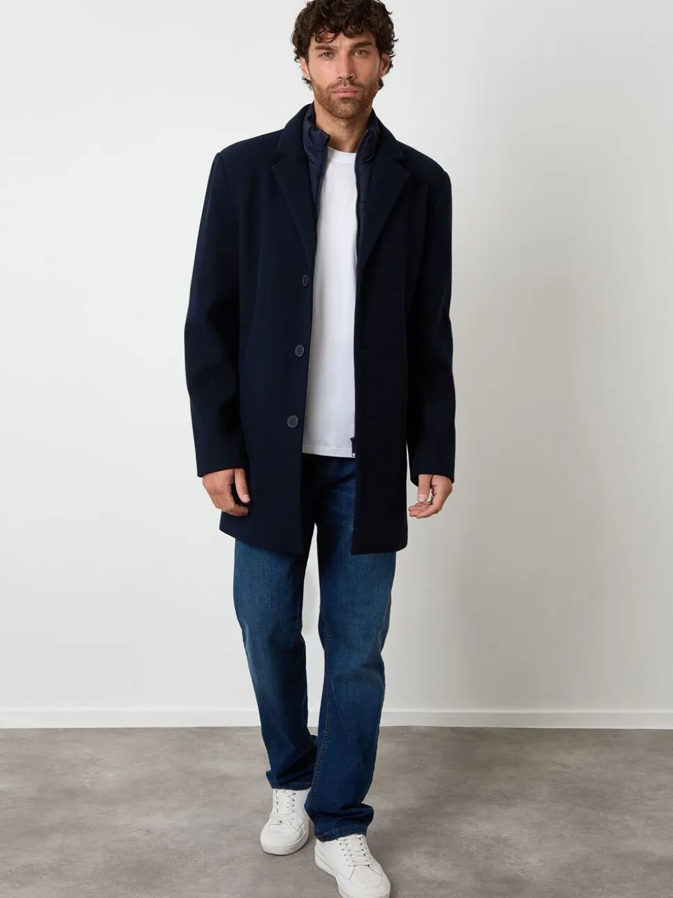 Threadbare Navy Faux Wool Mock Layer Longline Trench Coat