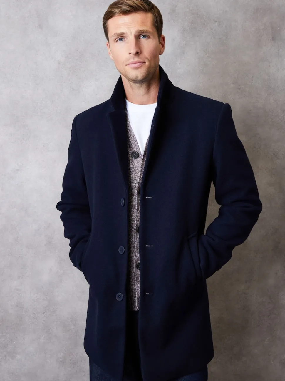 Threadbare Navy Faux Wool Overcoat