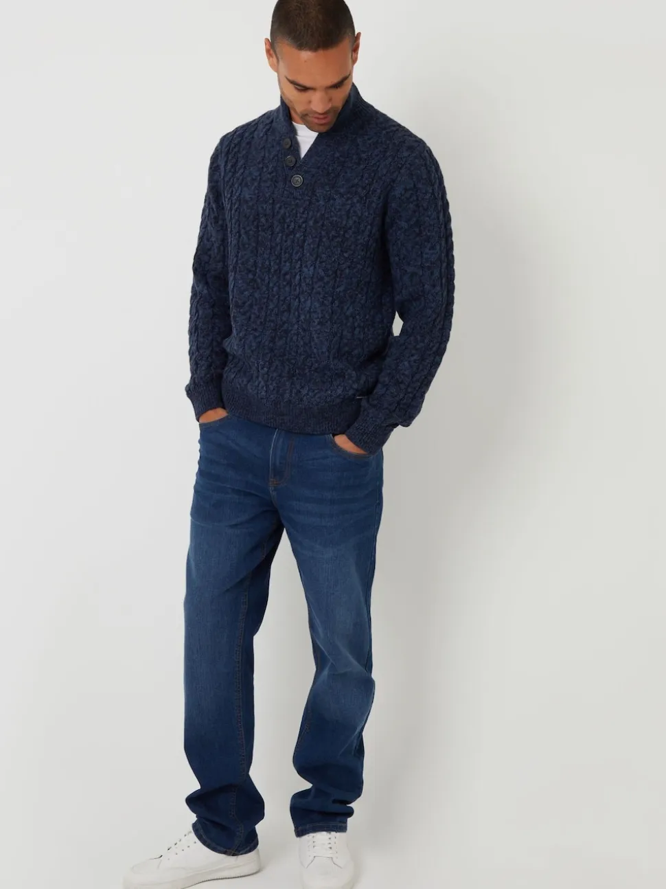 Threadbare Navy Funnel Neck Cable Knit Jumper