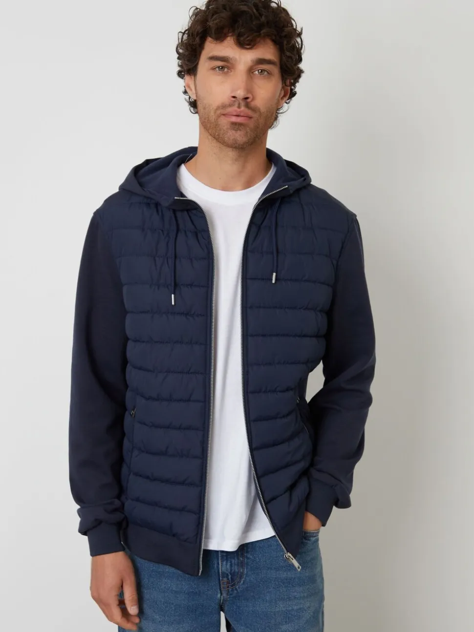 Threadbare Navy Quilted Hybrid Hooded Jacket