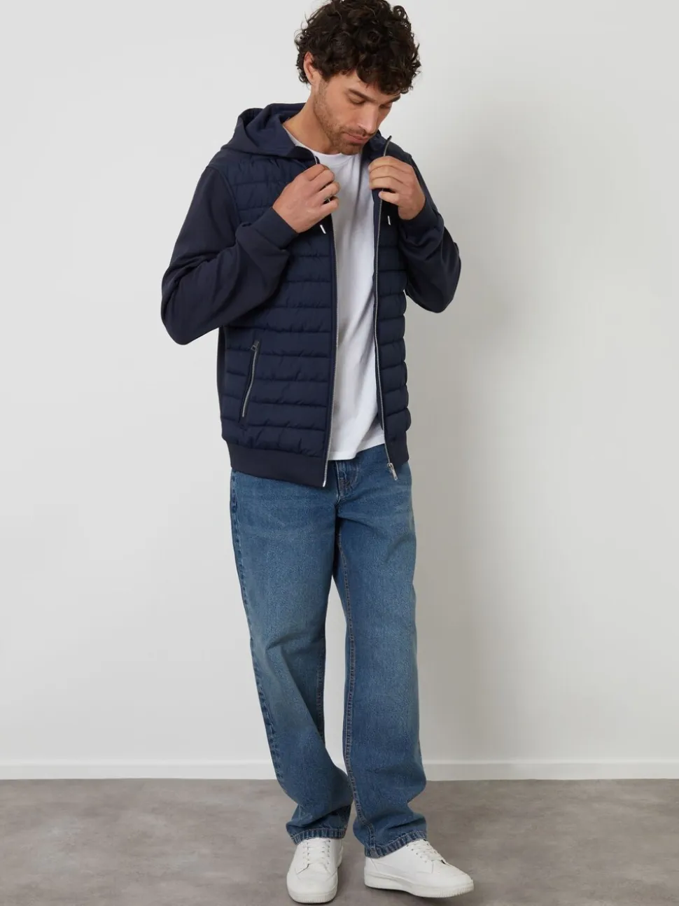 Threadbare Navy Quilted Hybrid Hooded Jacket