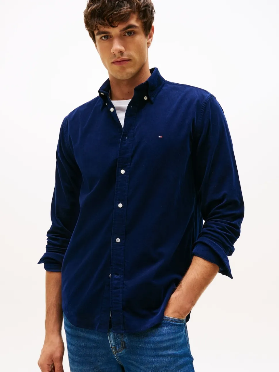 Tommy Hilfiger Blue Regular Fit Flag Embroidery Corduroy Shirt