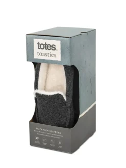 Totes Grey Toasties Mens Felt Moccasin Slippers With Sherpa Lining