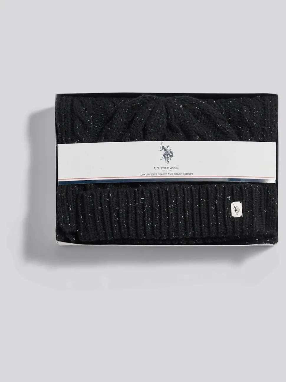 U.S. Polo Assn Black Cable Knit Beanie & Scarf Box Set