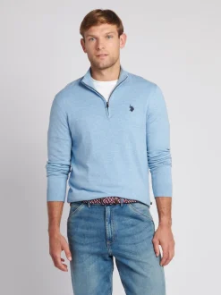 U.S. Polo Assn. Blue Cotton Funnel Neck Quarter Zip Knit