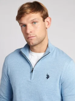 U.S. Polo Assn. Blue Cotton Funnel Neck Quarter Zip Knit