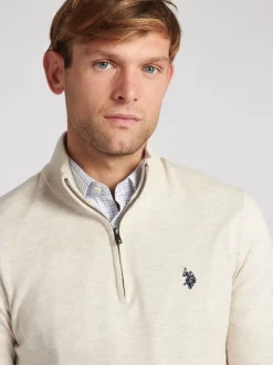 U.S. Polo Assn. Cream Cotton Funnel Neck Quarter Zip Knit