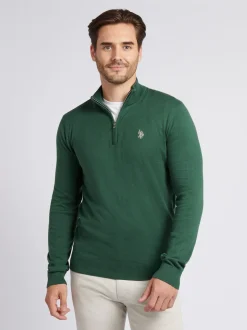 U.S. Polo Assn. Dark Green Cotton Funnel Neck Quarter Zip Knit