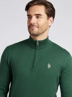 U.S. Polo Assn. Dark Green Cotton Funnel Neck Quarter Zip Knit