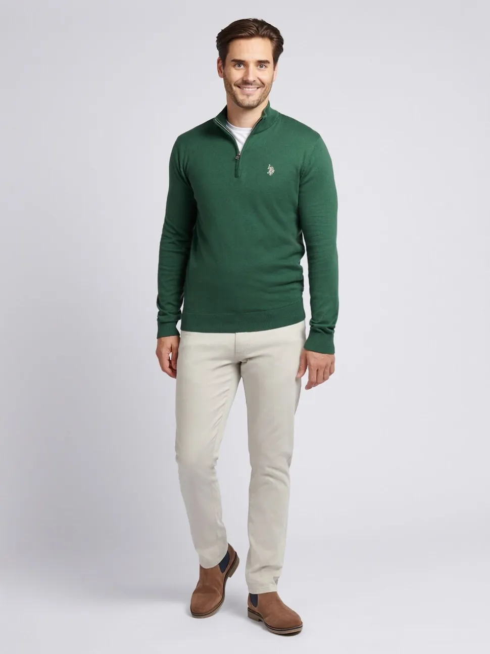 U.S. Polo Assn. Dark Green Cotton Funnel Neck Quarter Zip Knit