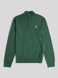 U.S. Polo Assn. Dark Green Cotton Funnel Neck Quarter Zip Knit