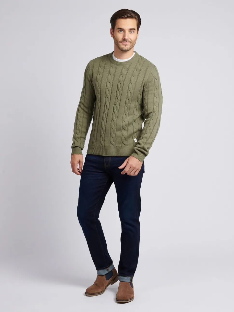 U.S. Polo Assn. Green Mens Cable Knit Crew Jumper