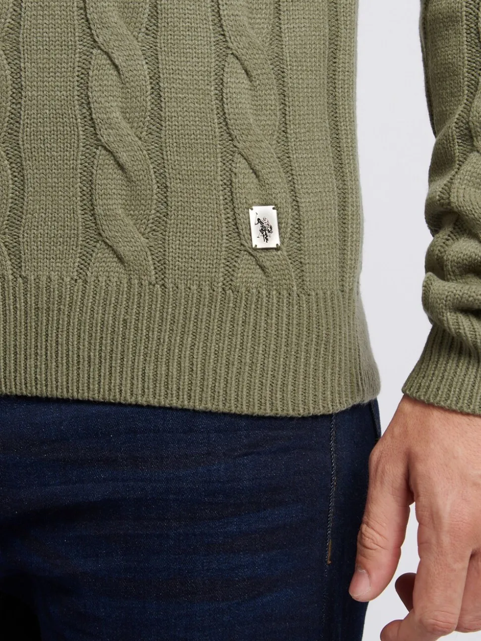 U.S. Polo Assn. Green Mens Cable Knit Crew Jumper