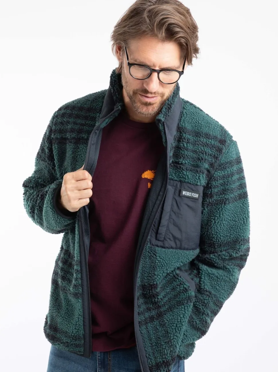 Weird Fish Green Lucian Full Zip Jacquard Borg Fleece