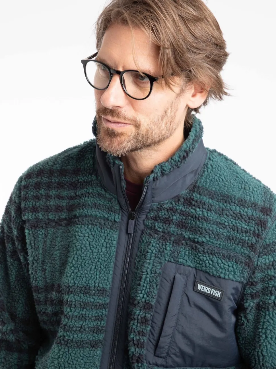 Weird Fish Green Lucian Full Zip Jacquard Borg Fleece