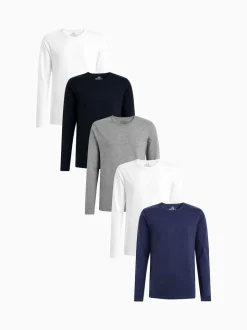 White/ Black/ Grey/ Navy Blue Long Sleeve Layering T-Shirts 5 Pack
