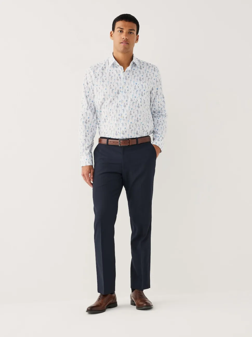 White Blue Floral Print Regular Fit Long Sleeve Shirt