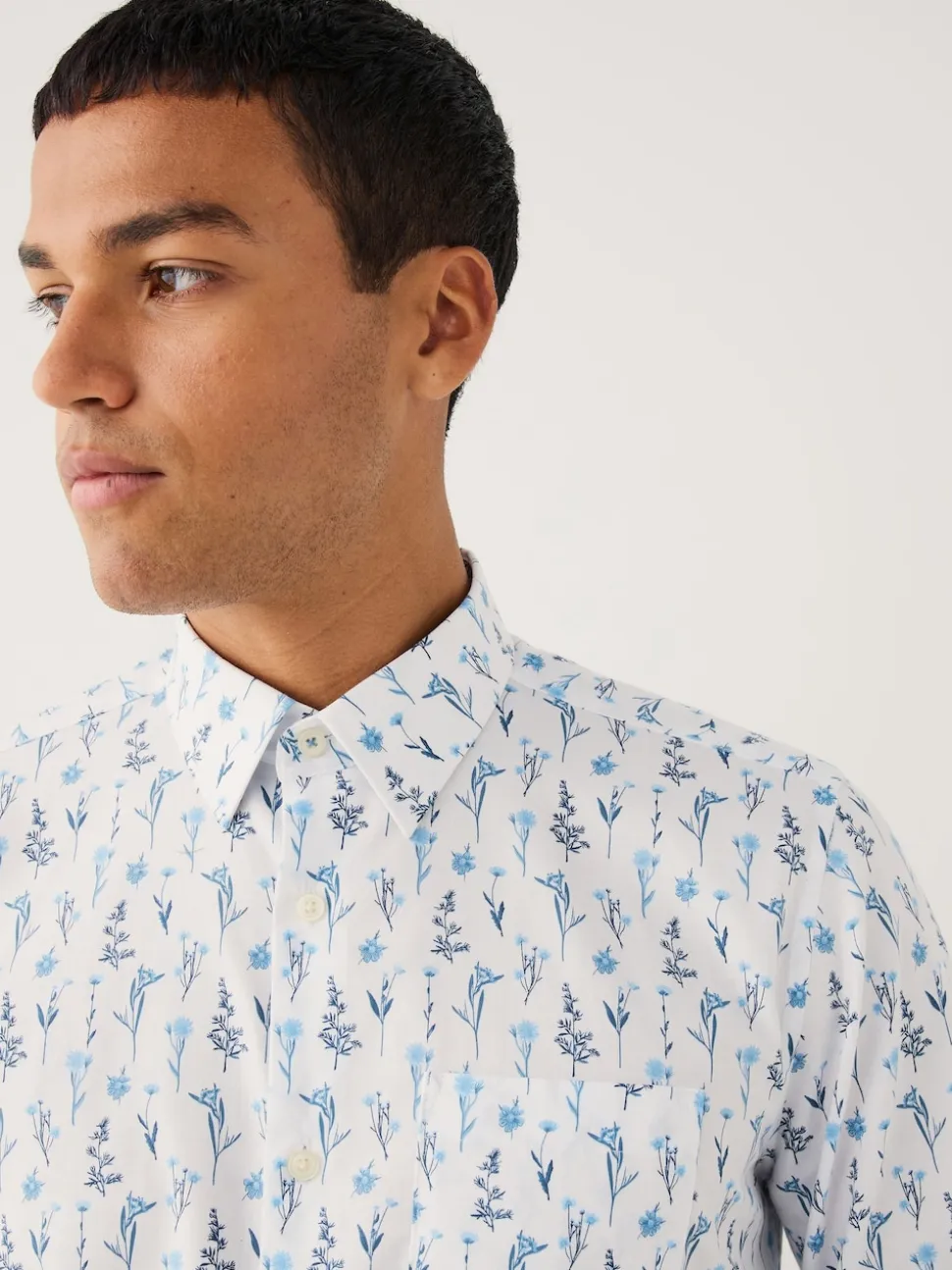 White Blue Floral Print Regular Fit Long Sleeve Shirt