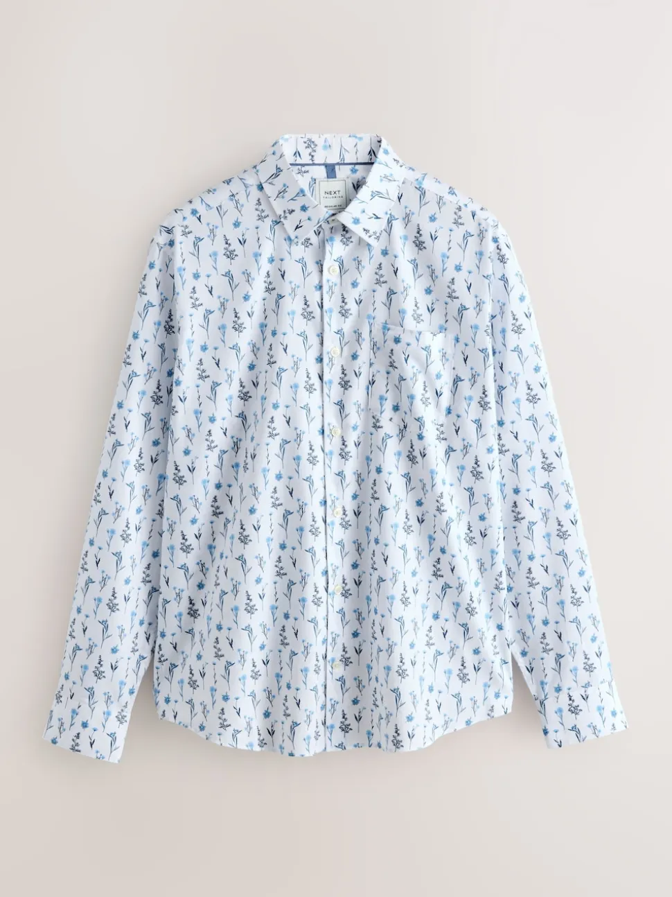 White Blue Floral Print Regular Fit Long Sleeve Shirt