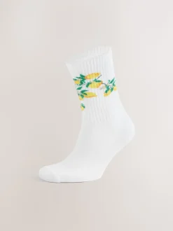White Fruit Pattern Embroidered Sports Socks 4 Pack
