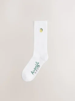White Fruit Pattern Embroidered Sports Socks 4 Pack