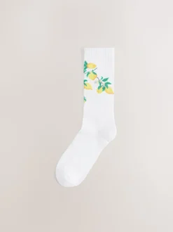 White Fruit Pattern Embroidered Sports Socks 4 Pack