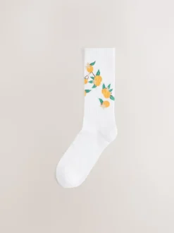 White Fruit Pattern Embroidered Sports Socks 4 Pack