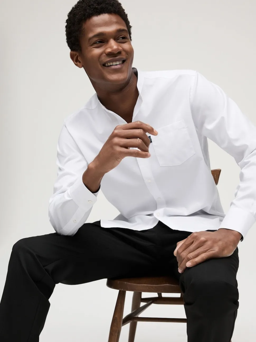 White Grandad Collar Regular Fit Button Down Easy Iron Oxford Shirt