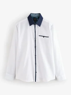 White Hatch Contract Collar Regular Fit Smart Trimmed Long Sleeve Party Shirt
