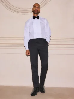 White Narrow Pleated Double Cuff 100% Cotton Dress Shirt With Cutaway Collar