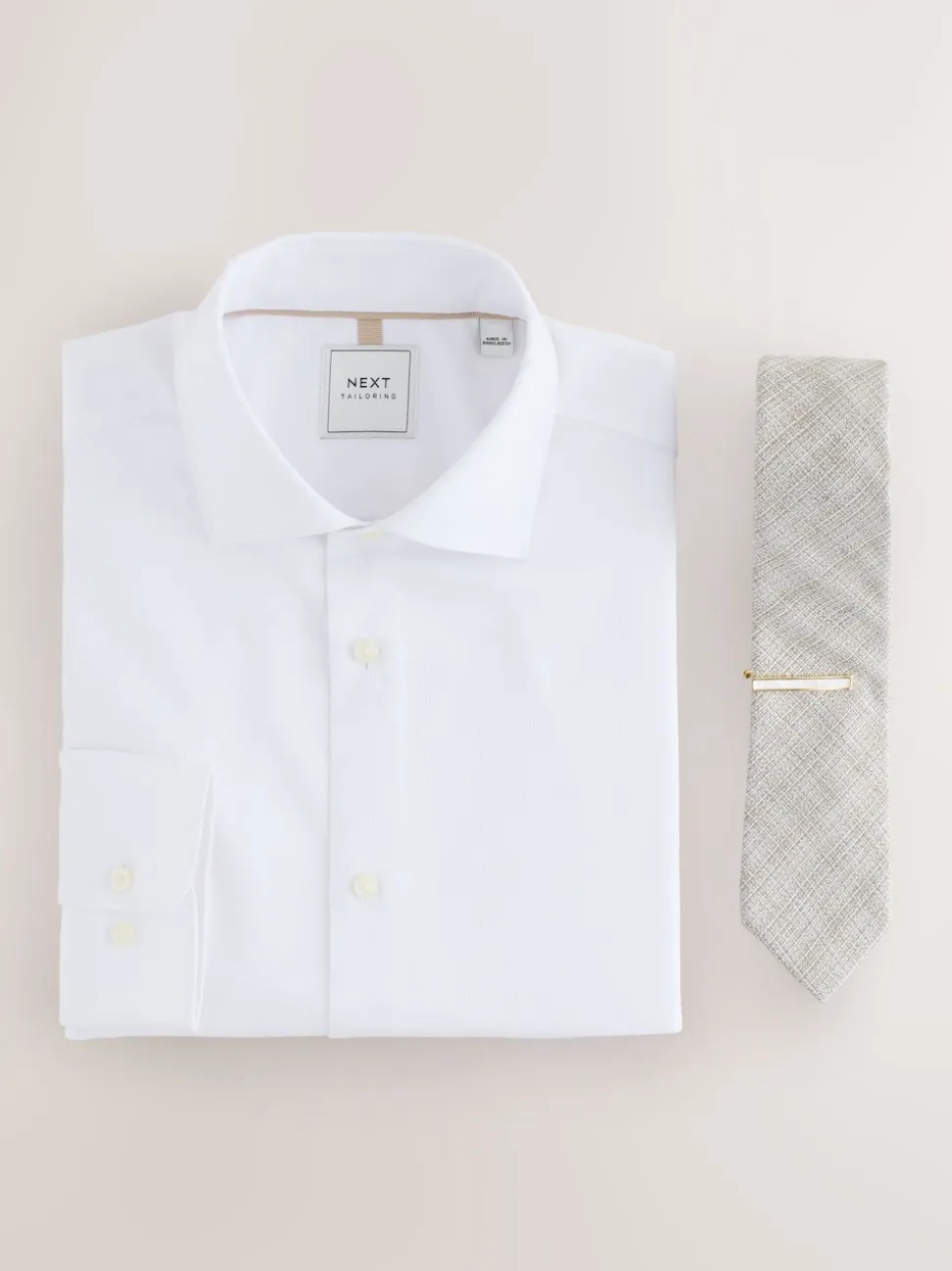 White Neutral Texture with Tie Clip Slim Fit Occasion Shirt And Tie Set