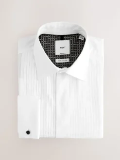 White Regular Fit Occasion Pleated Bib Double Cuff Dress Shirt