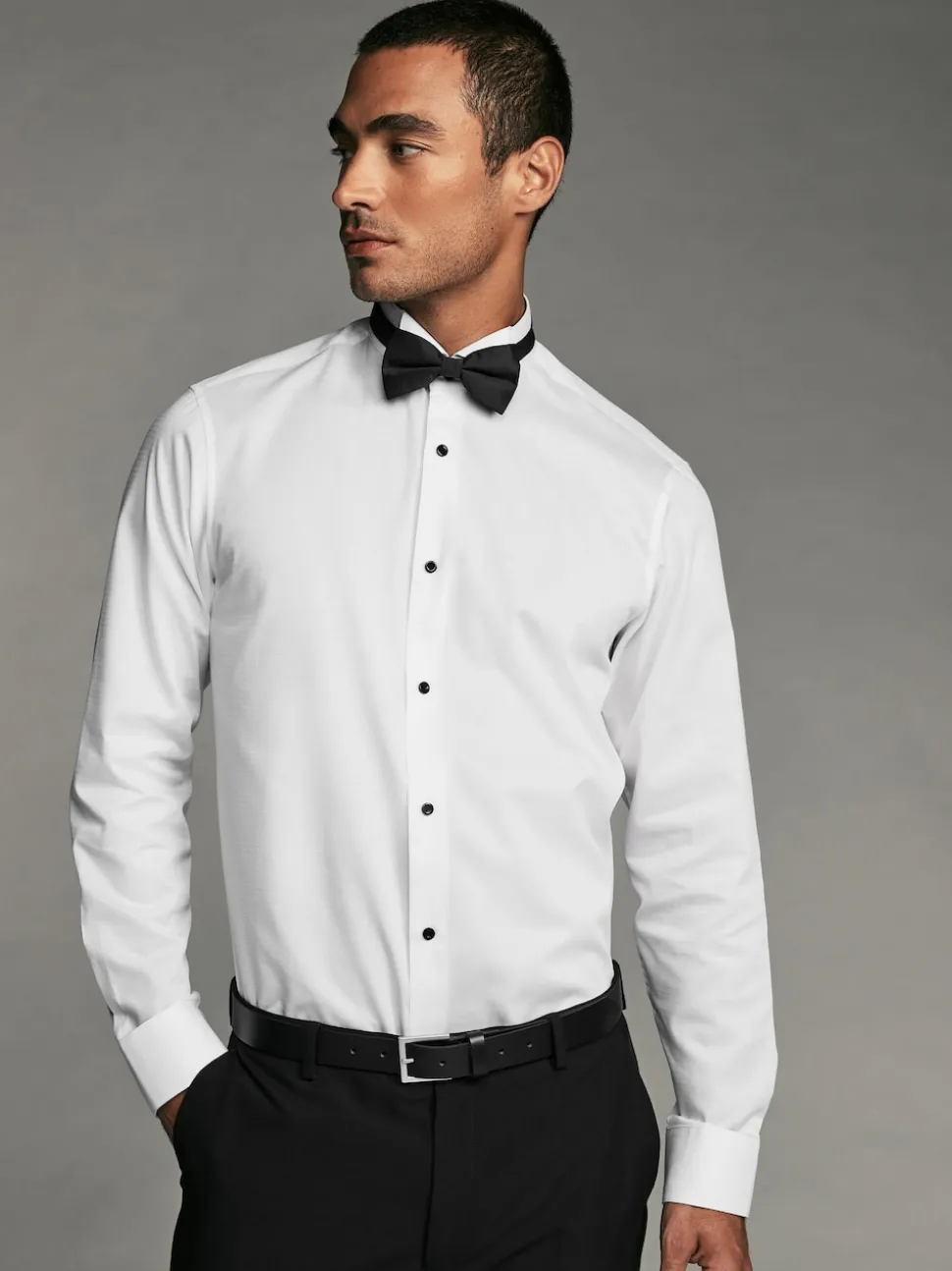 White Regular Fit Slim Fit Single Cuff Shirt With Wing Collar And Bow Tie Pack