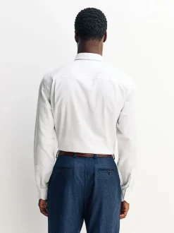 White Regular Fit Textured Long Sleeve Formal Shirt with Trim