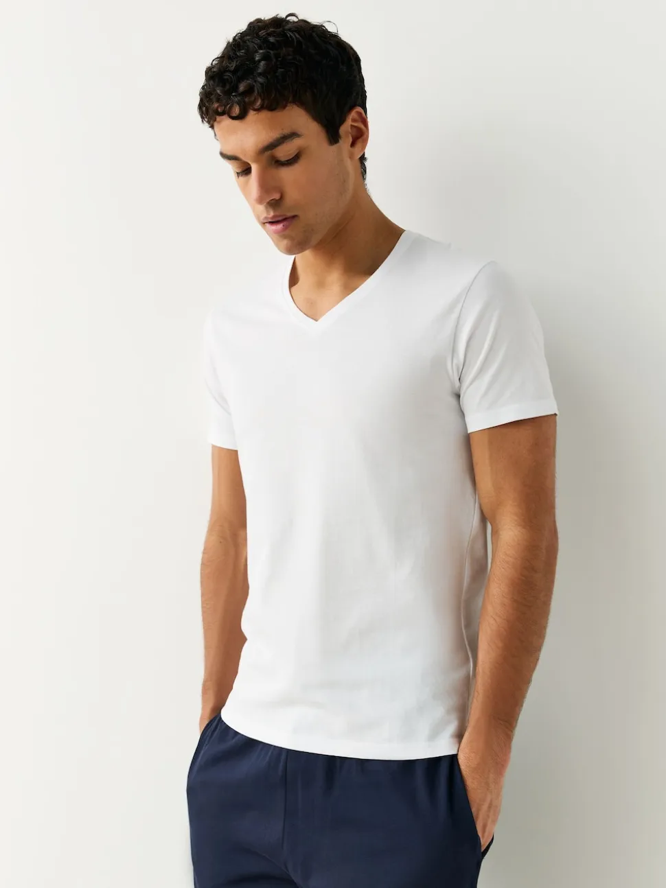 White Slim Fit 100% Cotton V-Neck Layering T-Shirts 2 Pack