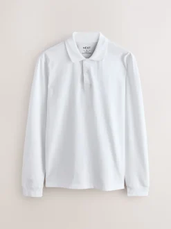 White Slim Fit Long Sleeve Pique Polo Shirt
