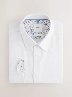 White Slim Fit Textured Long Sleeve Formal Shirt with Trim