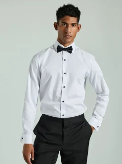 White Textured/Black Bow Tie Regular Fit Regular Fit Double Cuff Shirt And Bow Tie Pack