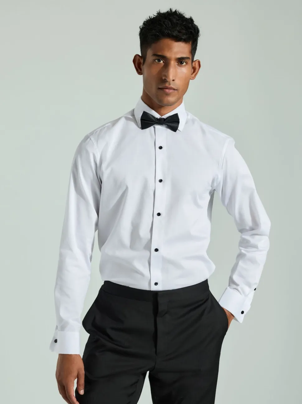 White Textured/Black Bow Tie Regular Fit Regular Fit Double Cuff Shirt And Bow Tie Pack