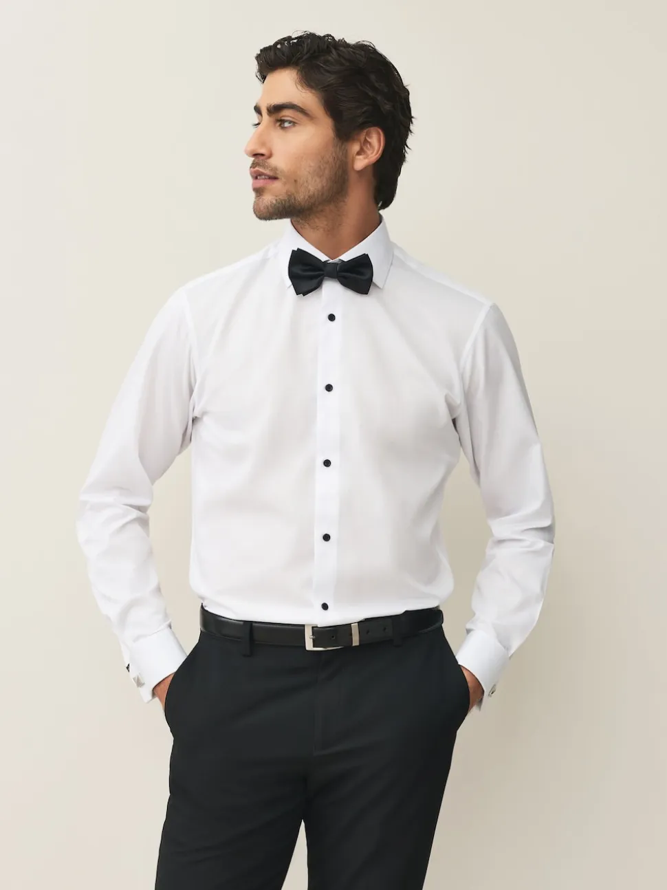 White Textured/Black Bow Tie Slim Fit Regular Fit Double Cuff Shirt And Bow Tie Pack