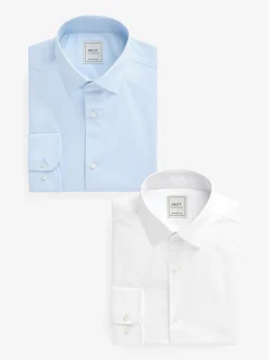White/Blue Regular Fit Easy Care Long Sleeve Single Cuff Smart Shirts 2 Pack
