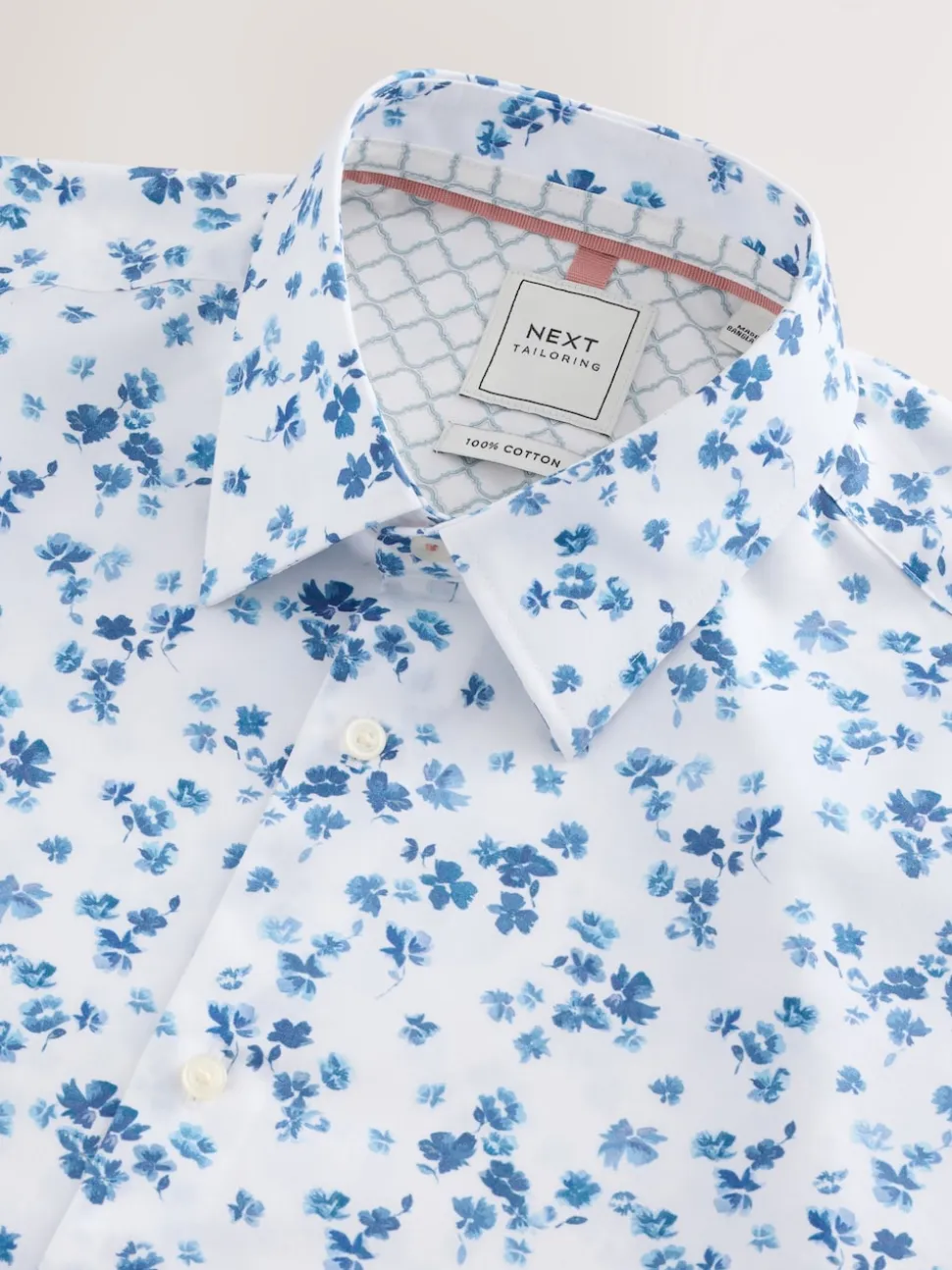 White/Blue Watercolour Ditsy Floral Slim Fit 100% Cotton Long Sleeve Single Cuff Printed Formal Shirt