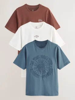 White/Blue/Brown Regular Fit Graphic Print T-Shirts 3 Pack