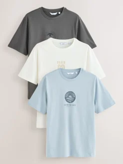 White/Blue/Grey Regular Fit Graphic Print T-Shirts 3 Pack