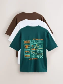 White/Green/Brown Relaxed Fit Graphic Print Heavyweight T-Shirt