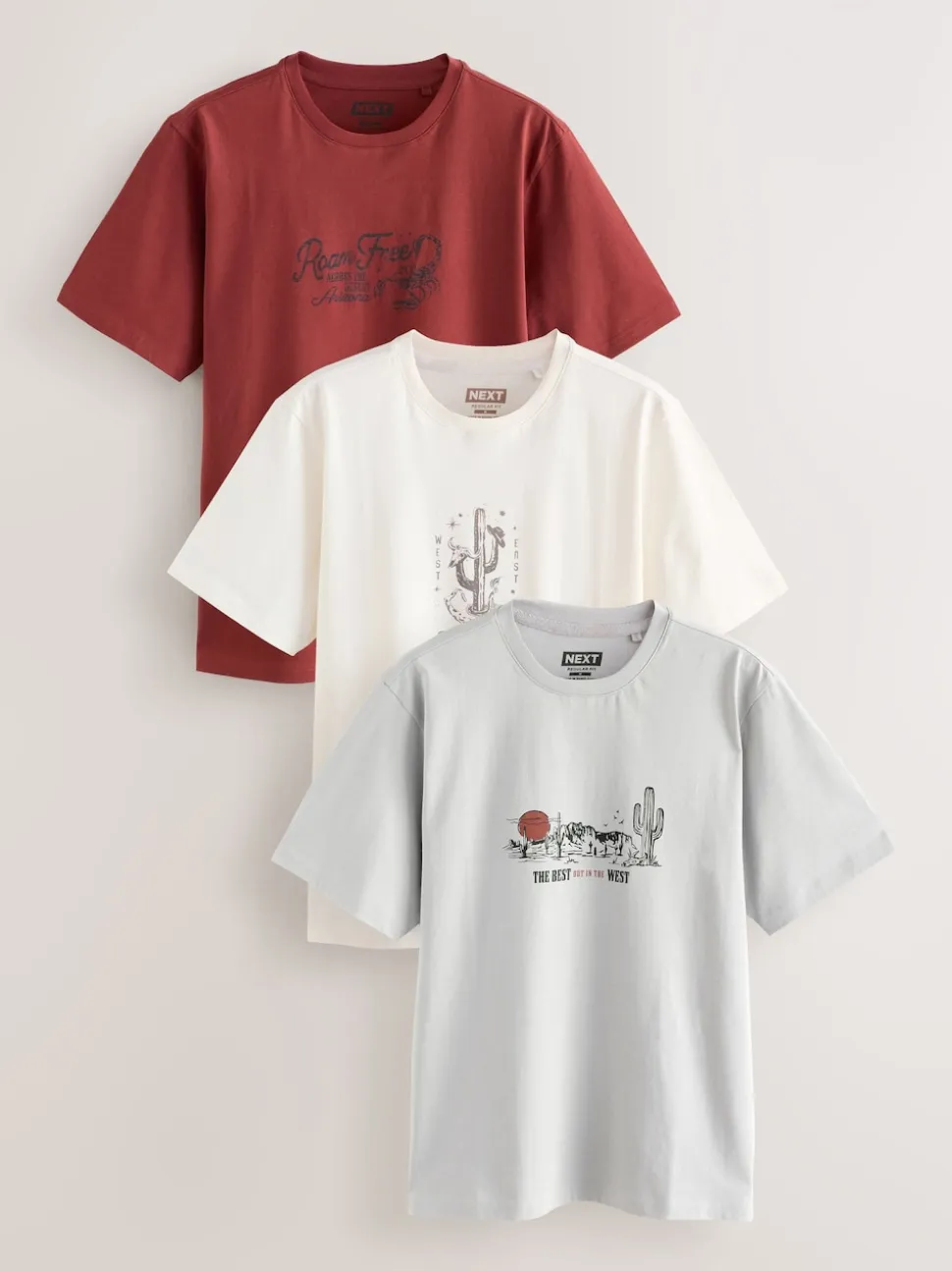 White/Grey/Rust Red Regular Fit Graphic Print T-Shirts 3 Pack